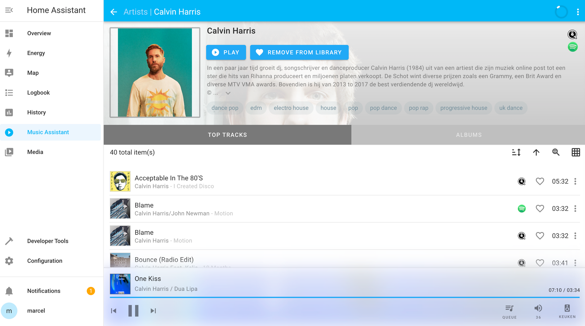 Home Assistant interface showing the Music Assistant panel showing the artist page of Calvin Harris with various audio controls.