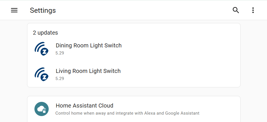 Screenshot of Home Assistant showing a card with 3 updates for in-wall dimmer switches.