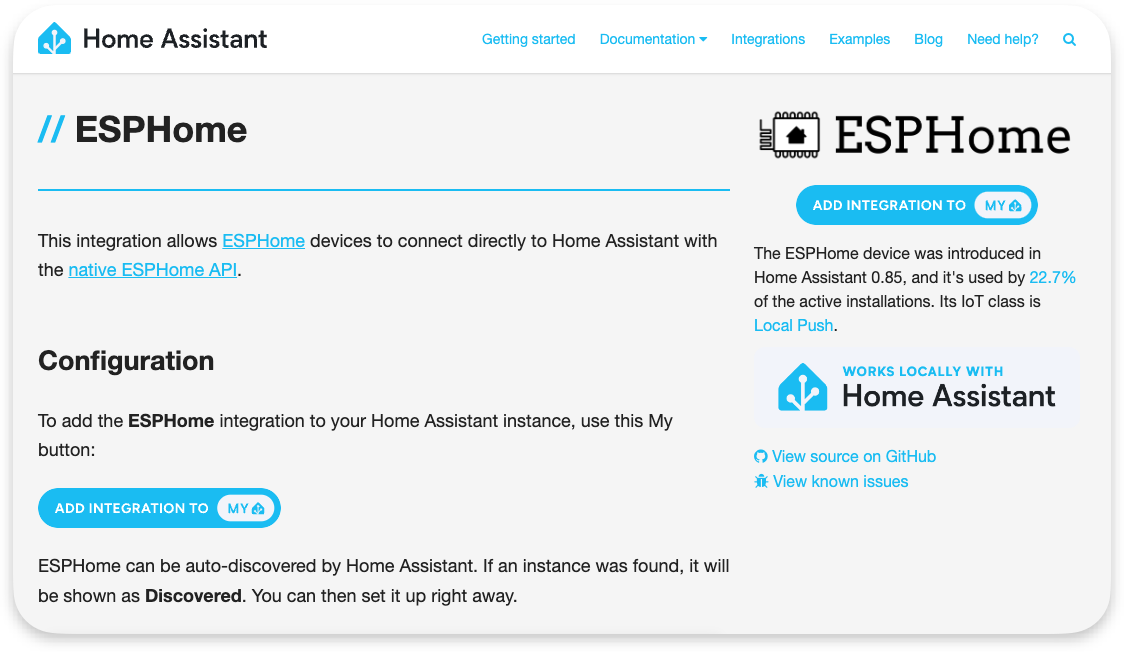 Screenshot of the ESPHome integration page.