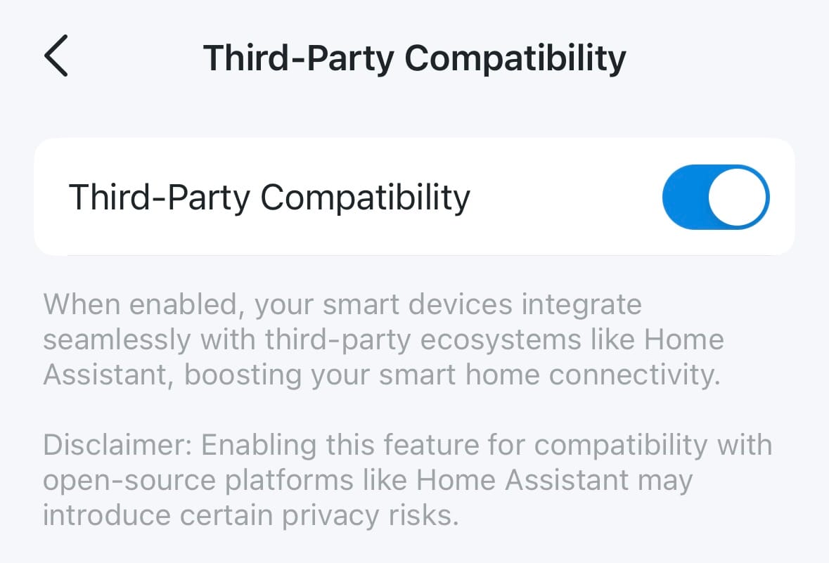 Tapo Camera settings mentioning Home Assistant