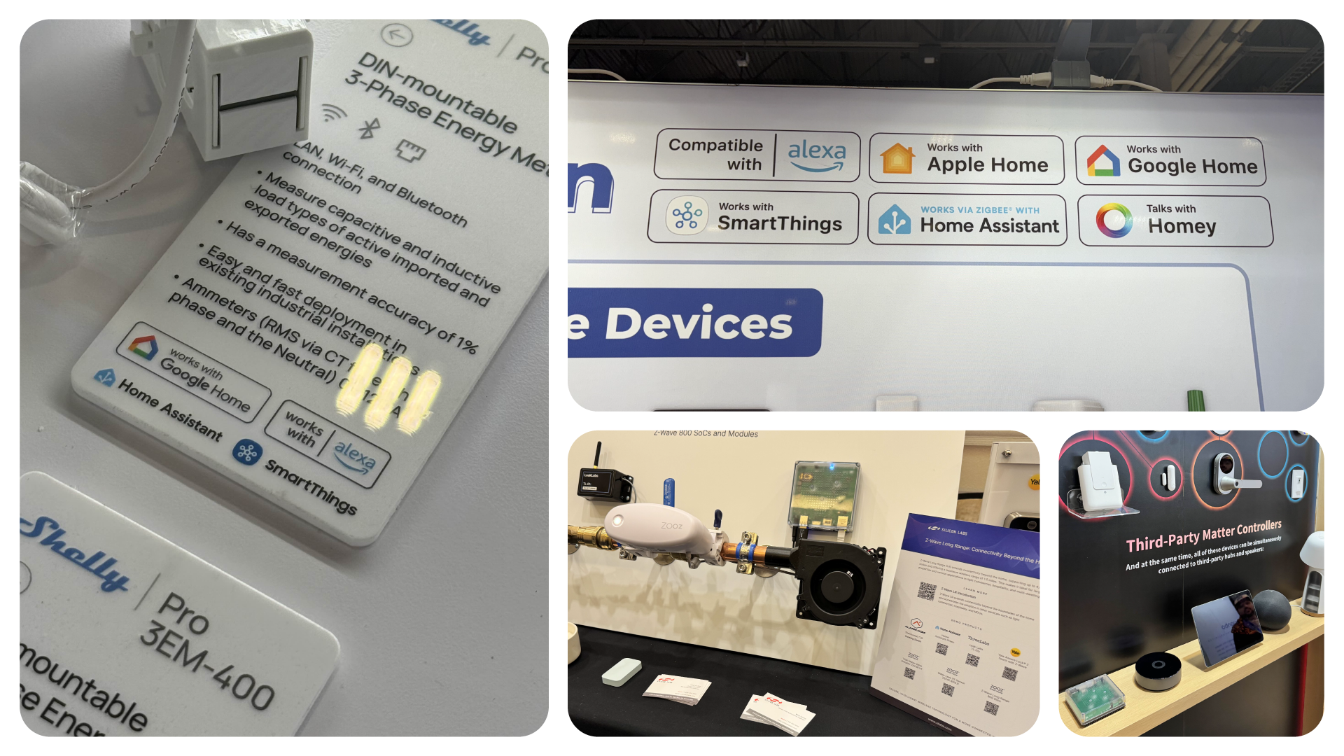 A collage of 4 images highlighting different booths at CES highlighting support for Home Assistant.