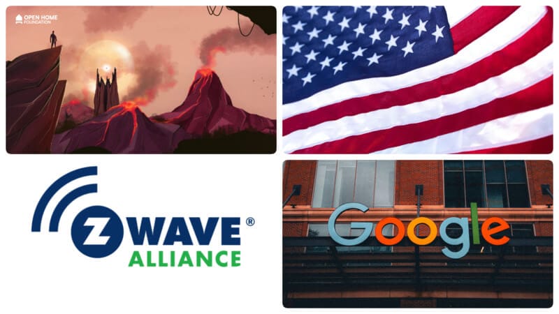 A collage of pictures including Mount Doom, the US flag, Z-Wave Alliance logo and a Google office