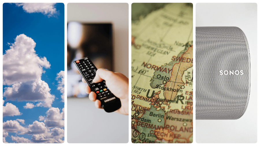 Pictures of clouds, a TV, Norway and a Sonos speaker to illustrate the news stories