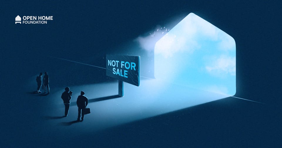 Image of the Open Home logo on a dark blue background with a sign saying "NOT FOR SALE" in front of it.