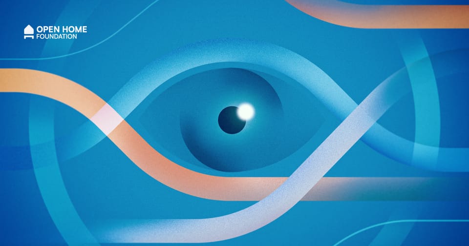 A blue eye in the center, framed with blue and orange soft lines, on a blue background. The Open Home Foundations logo is in 